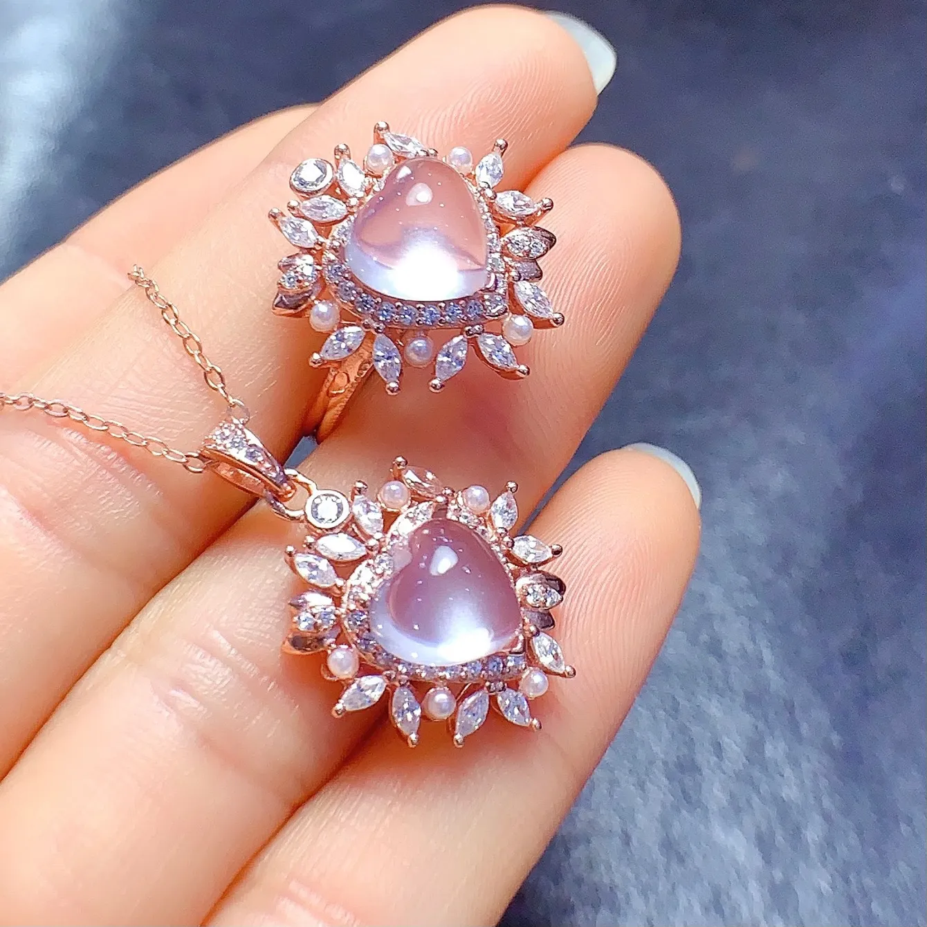 Authentic Natural Rose Quartz Ring Pendant 2pc Set S925 Sterling Silver for Women Flower Design Fine Charm Weddings Jewelry