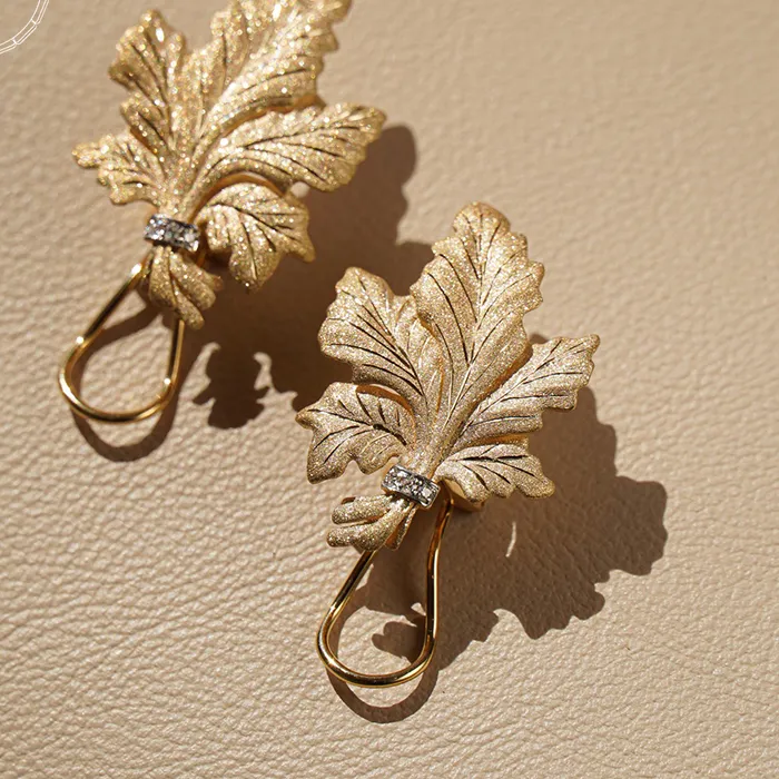 Authentic Aazuo Real Vintage Jewelry 18K Solid Yellow Gold Real Diamonds Fairy Leaf Clip Earrings Women's Engagement Party Jewelry