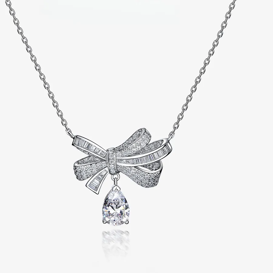Authentic Bow Series 925 Silver Pendant 1.5Ct Water Drop 7 10 Jewelry Necklace 40 5 Jewelry