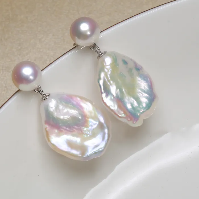 Authentic Mareora Natural Freshwater Double Pearl Baroque Petal Pearl Stud earrings 925 sterling silver Jewelry for Women 7-8MM&15-22mm