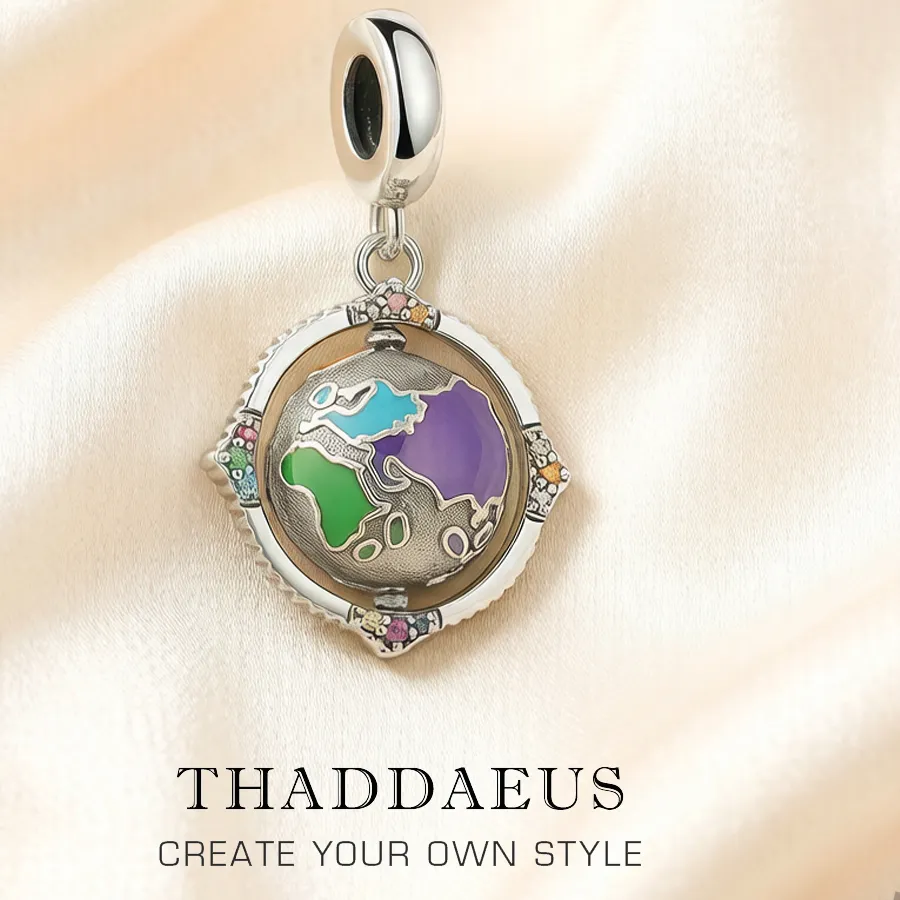 Authentic Vintage Rotating Globe Colourful Charm Brand Fine Women Men Jewelry 925 Sterling Silver Pendant