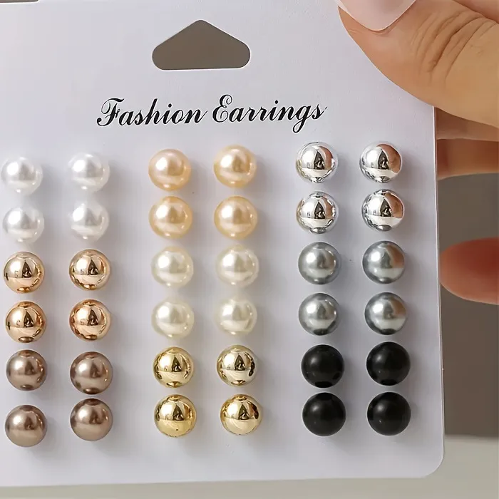 Authentic 18 Pairs Elegant Multi- Color Imitation Pearl Stud Earrings Ball Bead Earrings Trend Jewelry