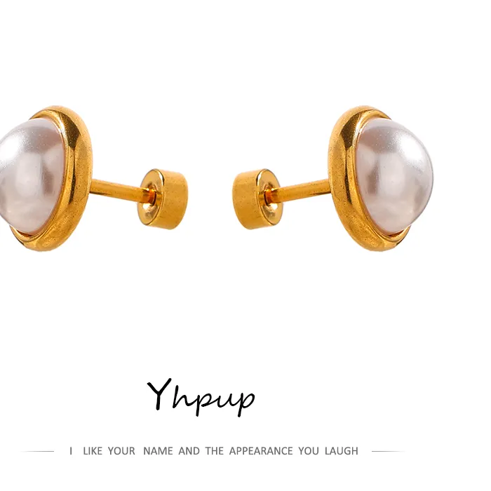 Authentic Yhpup Imitation Pearls Screw-Back Stud Earrings Trendy Jewelry Geometric 18 K Plated Charm for Women Gala