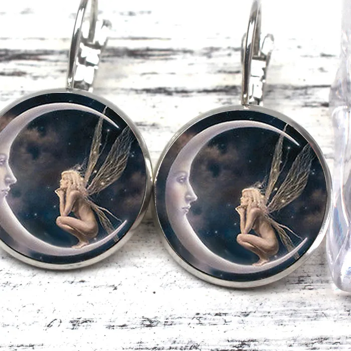 Authentic Gothic Angel Moon Pendant Earrings Personality Pattern Fairy Tale Stud Earrings Jewelry Souvenir Collar Earring Pin
