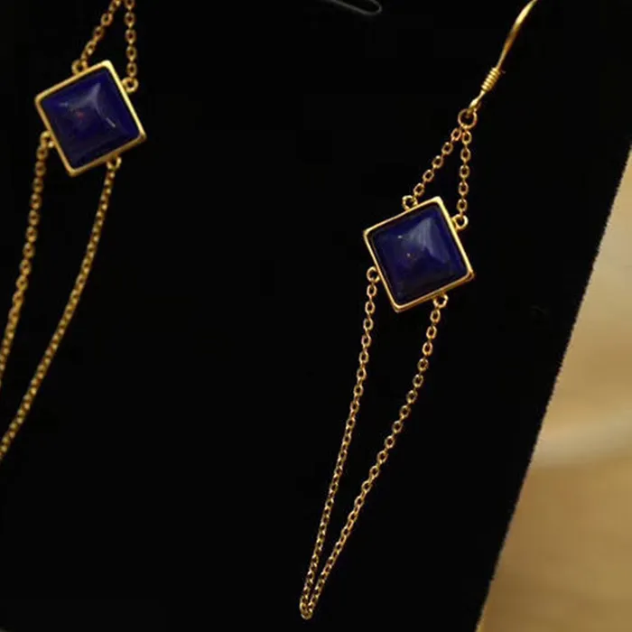 Authentic Creative Design Natural Lapis Lazuli Long Geometric Tassel Blue Earrings Exquisite Elegant Charm Women's Silver Jewelry