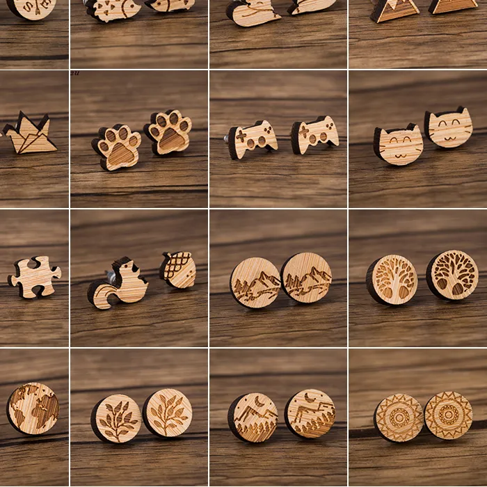 Authentic Small Animal Earings Wooden Jewelry Geometric Puzzle Paw Map Leaf Earrings Deathly Studs