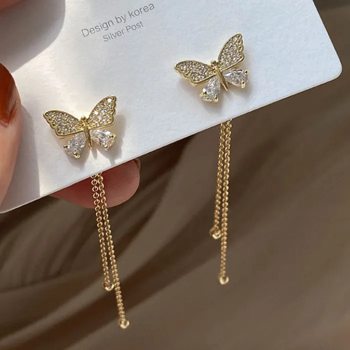 Authentic Temperament Long Tassel Butterfly Drop Earrings Elegant Crystal Hanging Earrings Jewelry