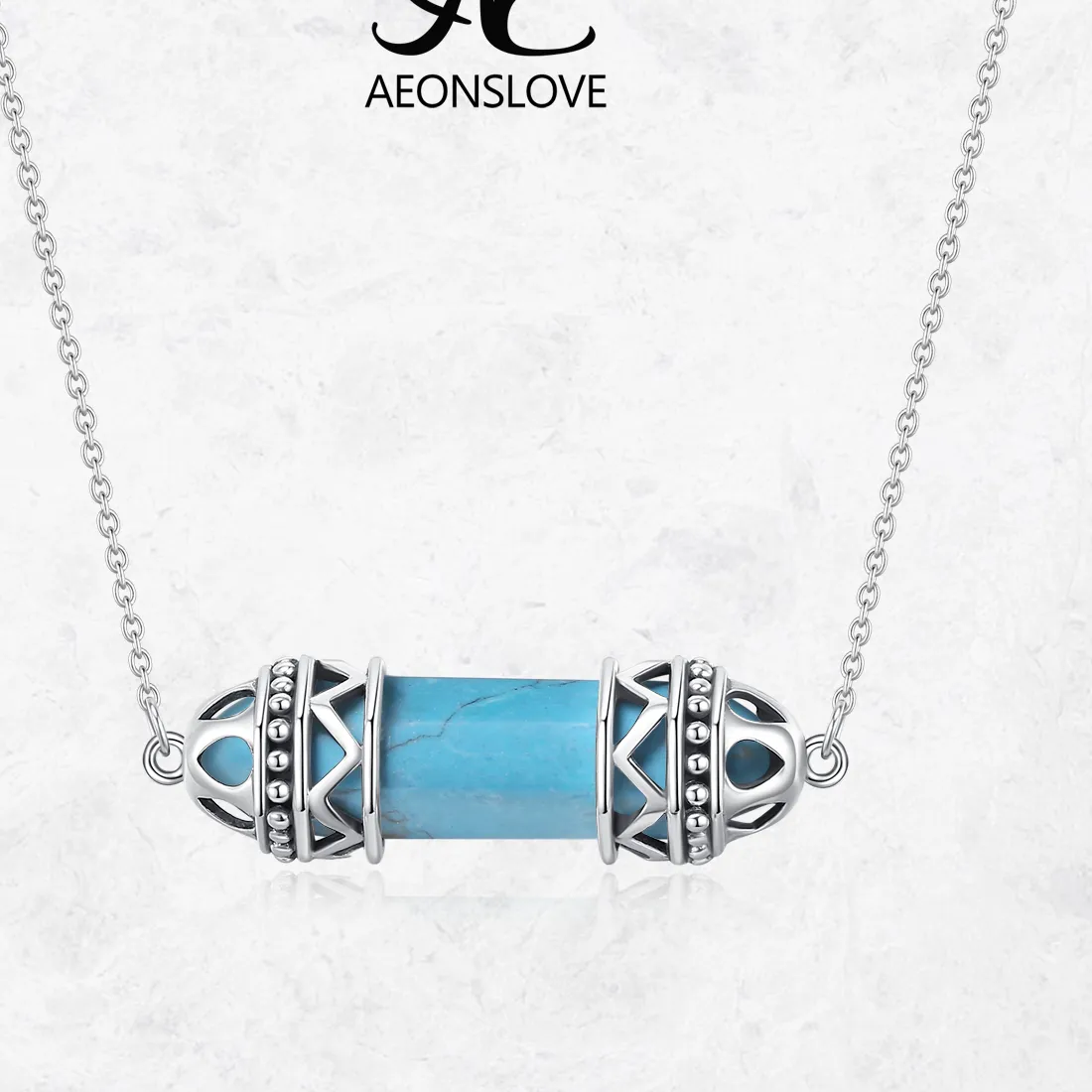 Authentic AEONSLOVE 925 Sterling Silver Turquoise Necklace Vintage Hexagonal Healing Crystal Pendant Gemstone Jewelry for Women Men