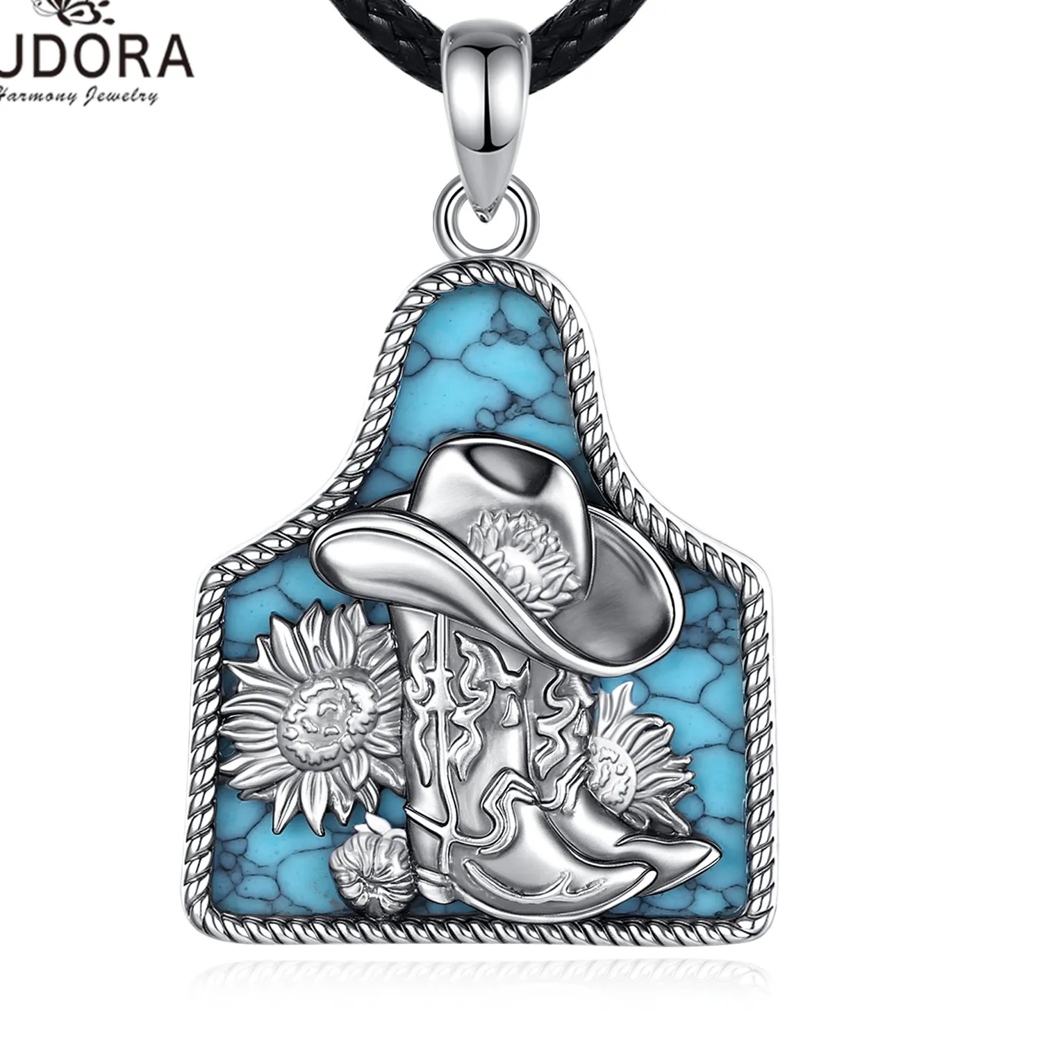 Authentic Eudora Turquoise Western Cowboy Boots Necklace Sunflower Western Hat Pendant Country Cowgirl Jewelry for Women Men