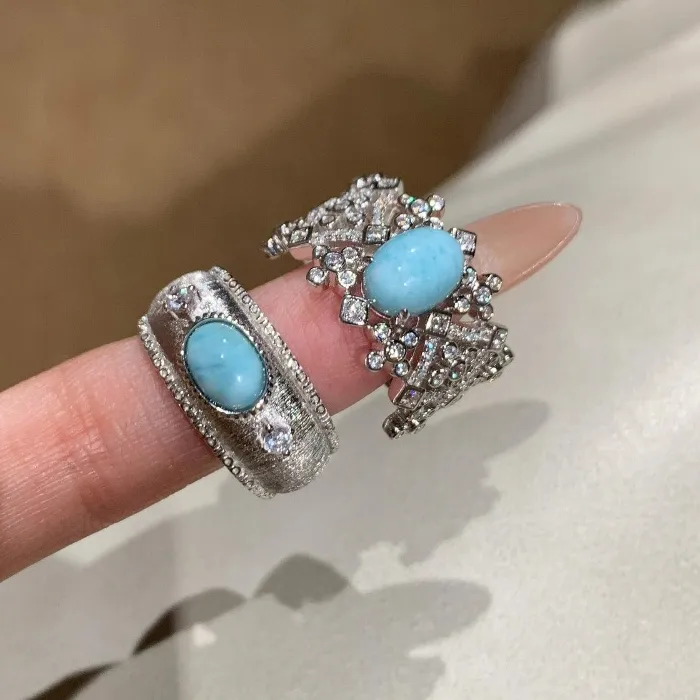 Authentic Original Vintage Light Luxury High quality Brushed inlay Diamond Turquoise Rings Charms Banquet Ring Couple Jewelry