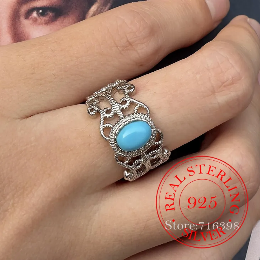 Authentic 925 Sterling Silver Jewelry Luxury Vintage Lace Turquoise Finger Rings for Women Wedding Party Jewelry For Girls Friend