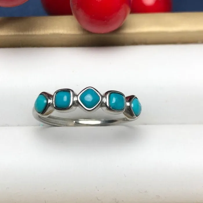 Authentic Retro Turquoise Series Ring 925 Silver Inlaid Blue-green rings for women Single Row Exquisite Simplicity High-end Jewelry