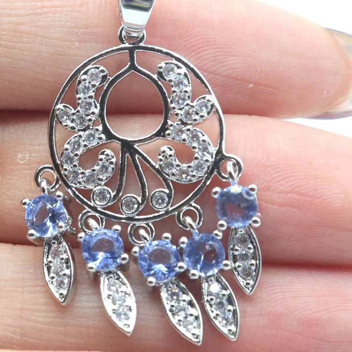 Authentic Buy 5 Get 1 Free 41x21mm Violet Tanzanite Aquamarine Green Amethyst CZ Women Wedding Silver Pendant