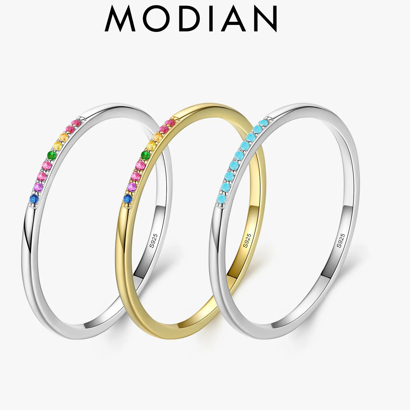 Authentic Modian Real 925 Sterling Silver Trendy Rainbow CZ Stackable Colorful Finger Rings For Women Female Wedding Statement Jewelry