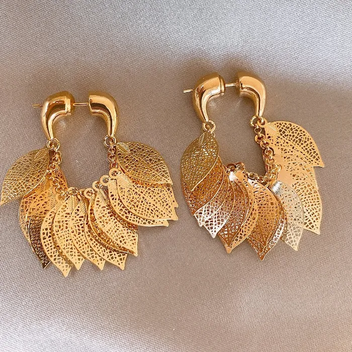 Authentic Korean design jewelry 14K gold plated hollow leaf tassel earrings elegant women's daily work accessories