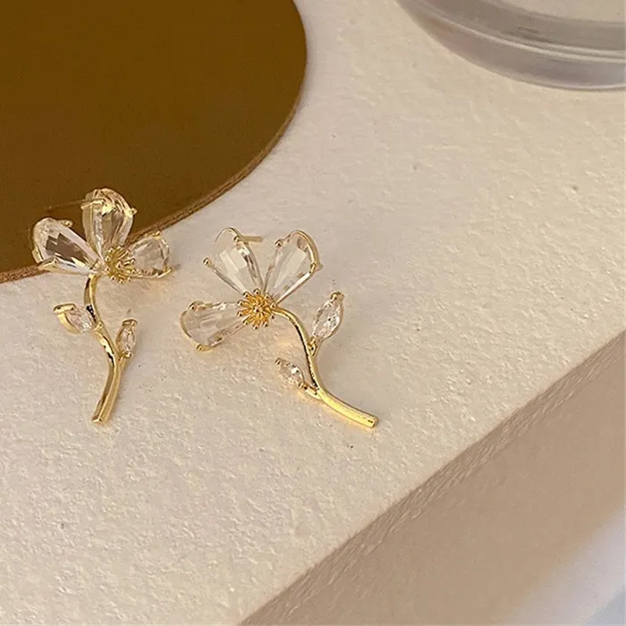 Authentic Dainty 14K Gold Plated Floral Stud Earrings, Marquise Cut Clear Cubic Zirconia Flower with Tiny Leaf Branch Design Elegant Daily Jewelry for Women