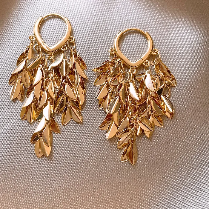 Authentic South Korea design jewelry 14K gold plated leaf tassel love earrings elegant women's daily work accessories
