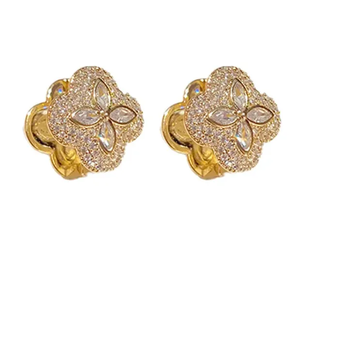 Authentic French Design Jewelry 16K Gold Plated Zircon Leaf Earrings Earrings Elegant Women's Daily Work Accessories