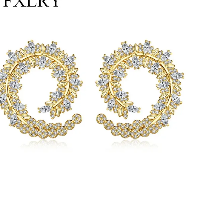 Authentic FXLRY Elegant Symmetrical Design Leaf Shape White Gold Plated Big Drop Cubic Zirconia Engagement Earrings For Women Jewelry