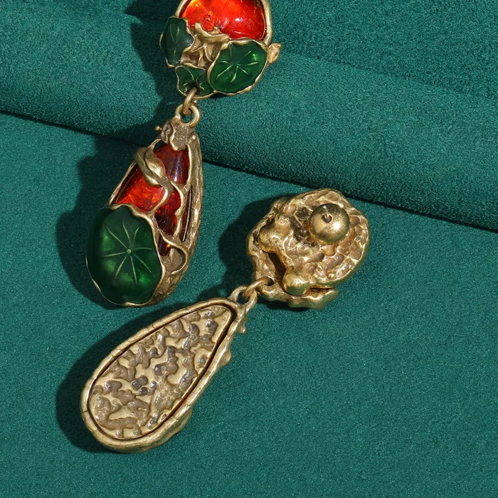 Authentic Mystic Lotus Earrings - Ancient Red Glazed Green Enamel Drop Amulets