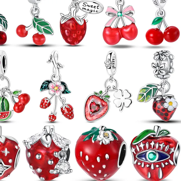 Authentic 925 Sterling Silver Strawberry Cherry Pineapple Little Green Pear Apple Pendant Fit Original Bracelets Diy Jewelry
