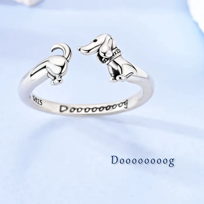 Authentic 925 Silver Adjustable Open Ring Fish Cat Dachshund Wave Sun Moon Star Four Leaf Clover Rings for Women Party Fine Jewelry