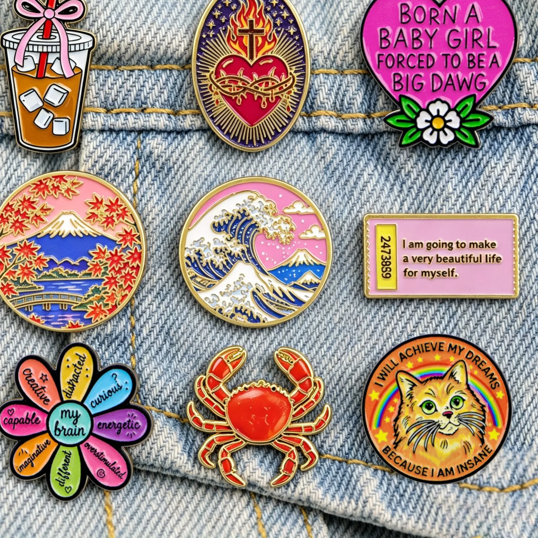 Authentic Creative Enamel Pins Japanese Wave Crab Drink Cat Inspirational Quote Lapel Brooches Badge Backpack Clothes Decor Jewelry