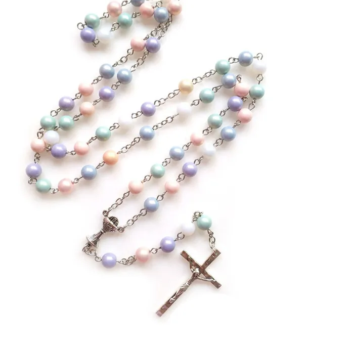 Authentic QIGO Acrylic Beads Rosary Necklace Pendant Holy Grail Cross Catholic Religious Prayer Jewelry