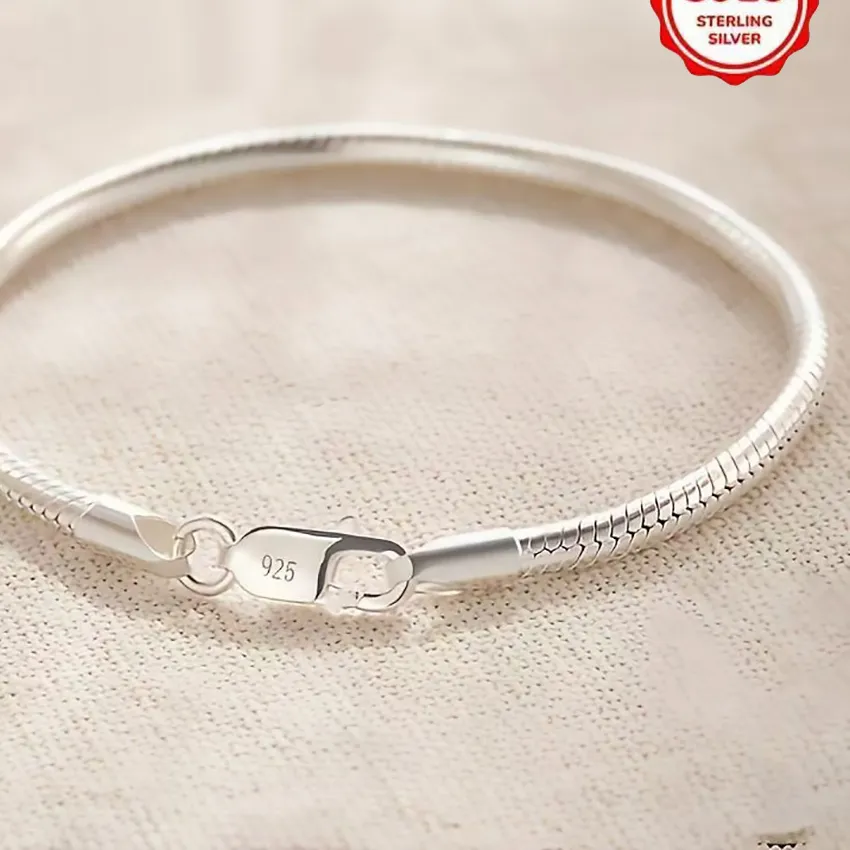 Authentic 925 Sterling Silver 3mm Snake Bone Bracelet Simple Style For Women Men Daily and Party Wear All Seasons Jewelry 16-23cm