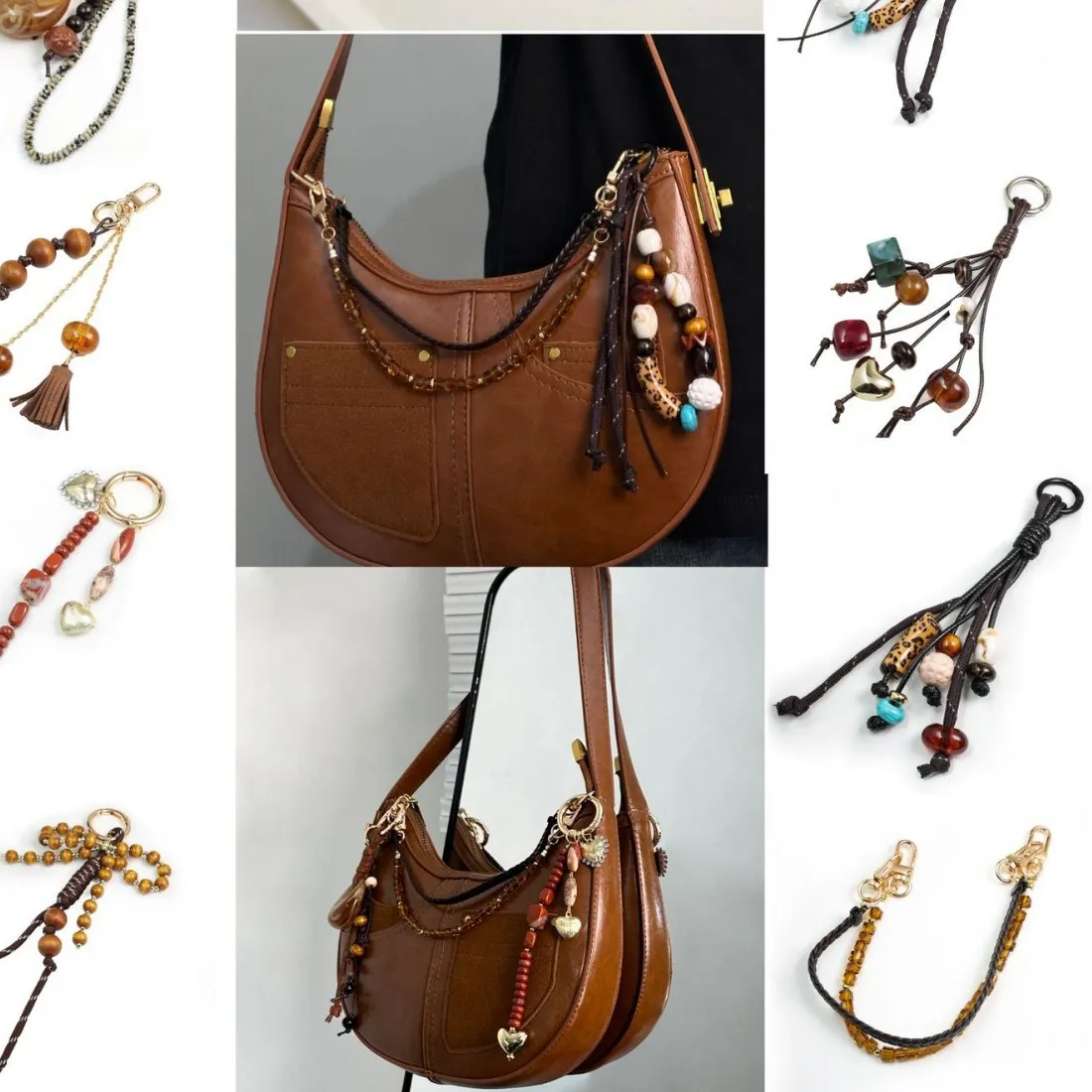 Authentic Handmade Woven Bag Pendant With Natural Tiger Eye And Agate Stones DIY Accessories For Wallet Bag Decoration