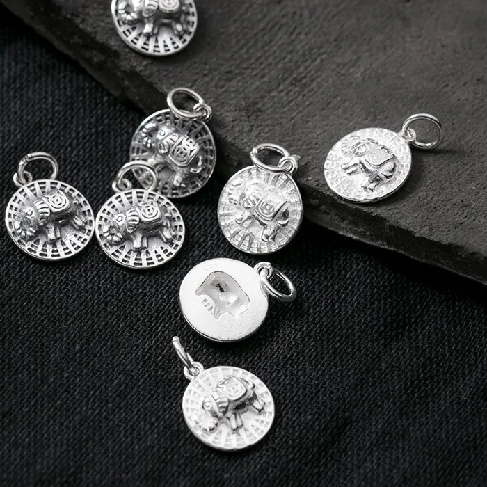 Authentic 1pc 925 Sterling Silver Fortune Coin Elephant Round Charms 14.5x12.5mm Cameo Handcraft Silver Pendants DIY Fine Jewelry Findings
