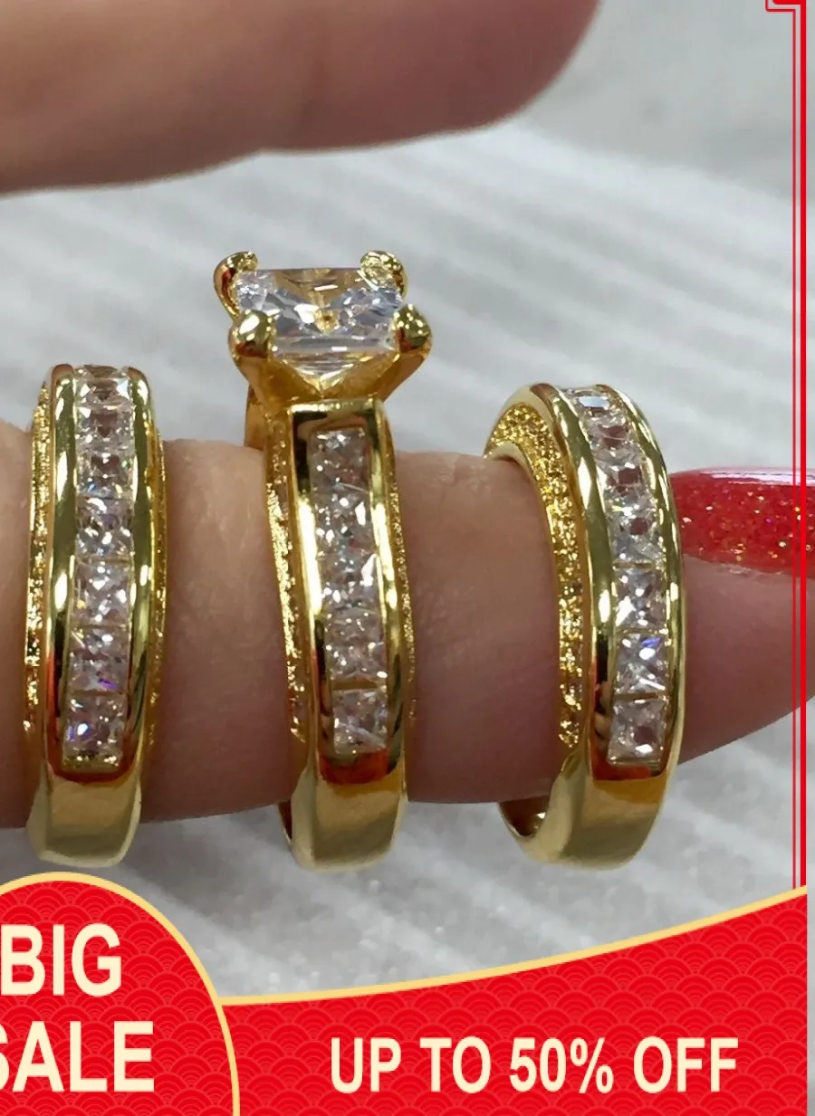 Authentic Luxury Jewelry Princess cut 20ct AAAAA zircon 3-in-1 wedding band rings Set for women Engagement Ring