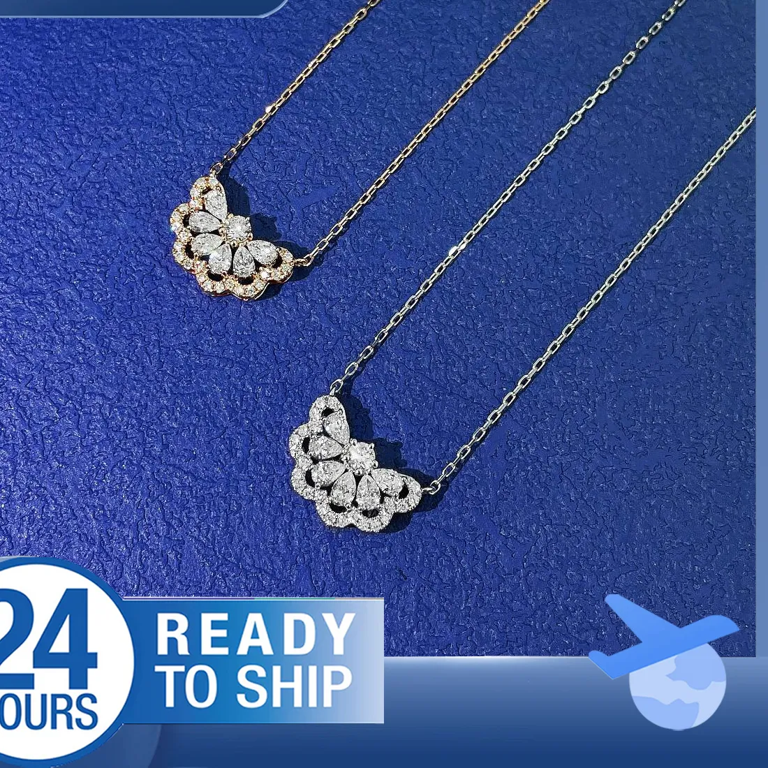 Authentic Fan-shaped Natural Diamond Necklace Pear and Round Natural Diamond Necklace 18K White/Rose Gold Total 0.47ct Pendant Necklace