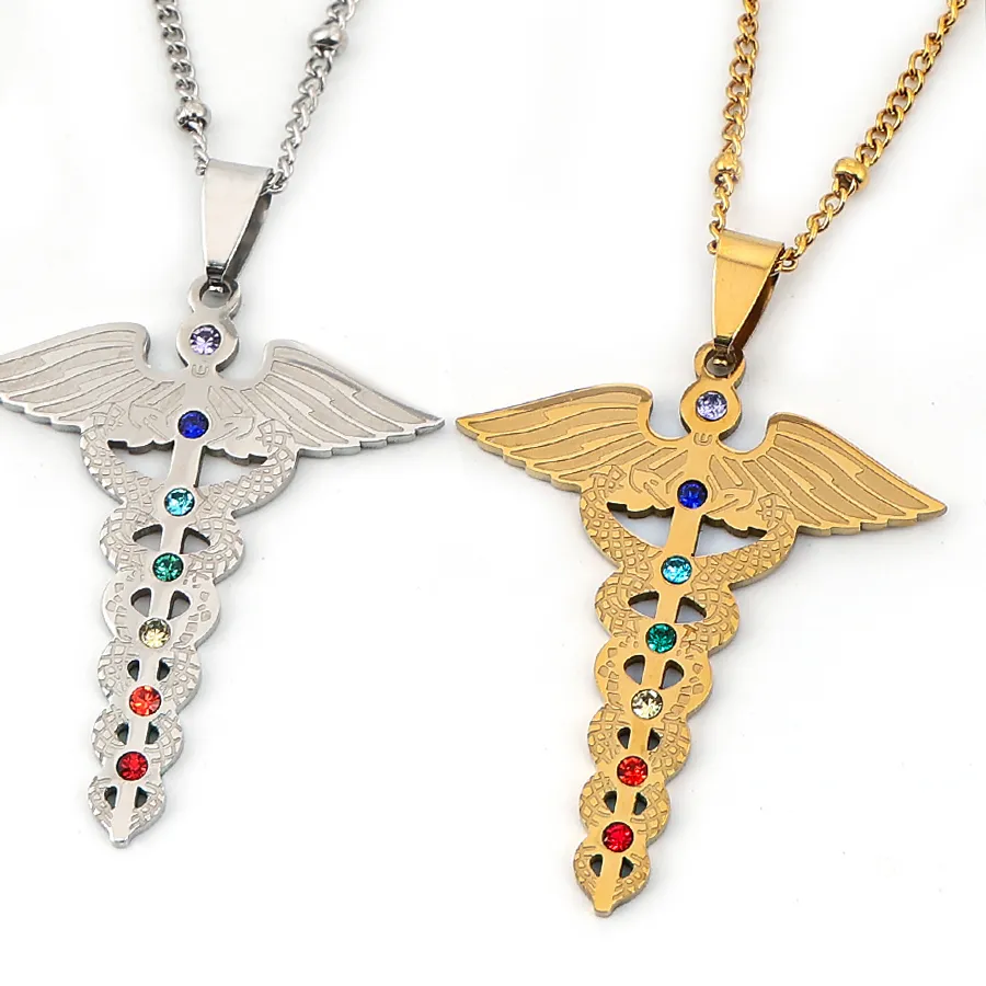 Authentic Caduceus Wings 7 Chakras Rhinestones Spiritual Healing Medical Symbol Pendant Necklace Asclepius Amulet Jewelry