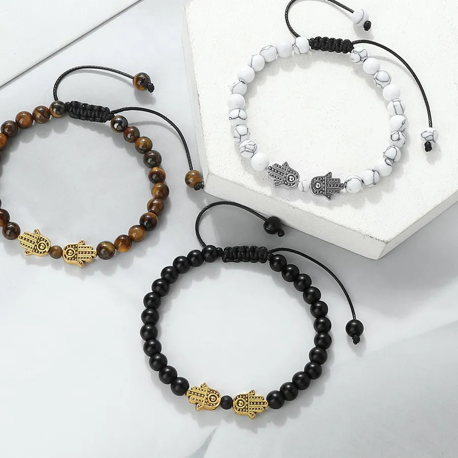 Authentic Hamsa Hand Beaded Bracelets Natural Tiger Eye Stone Black Onyx Malachite Adjustable Bracelet for Men Women Protection Jewelry