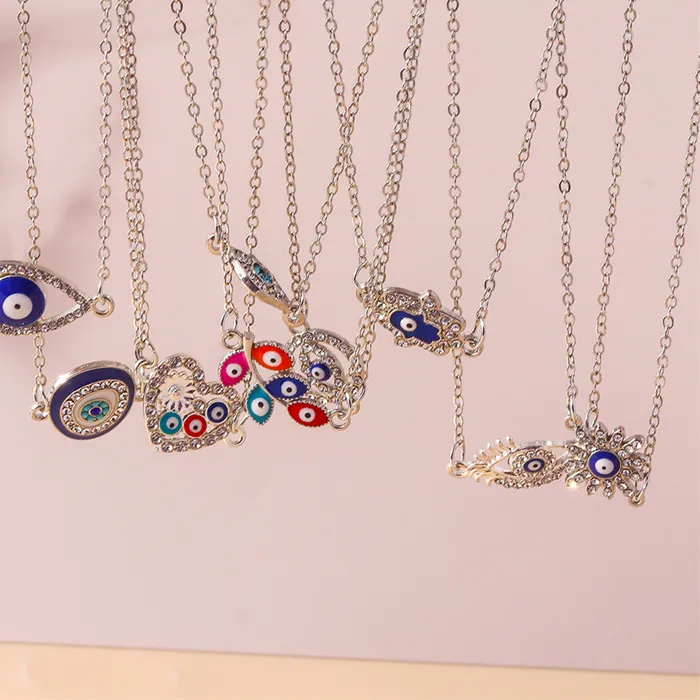 Authentic Aihua Bohemian Crystal Turkish Evil Eye Necklace Hamsa Hand Lucky Eyes Jewelry Clavicle Chain Short Choker Necklace