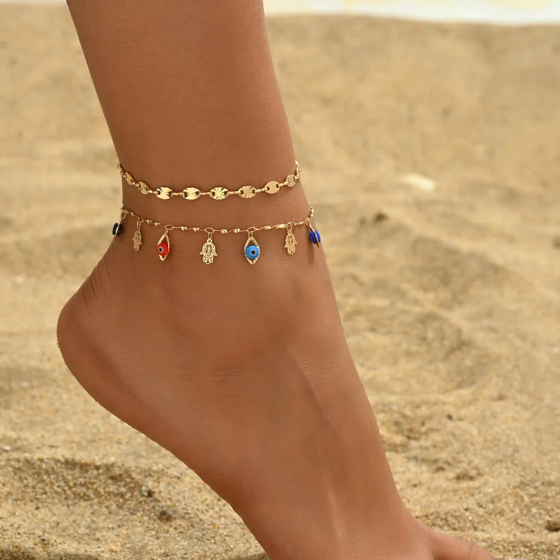Authentic Celestial Guardian Layered Ankle Talisman - Hamsa Hand & Evil Eye Protection Foot Chain