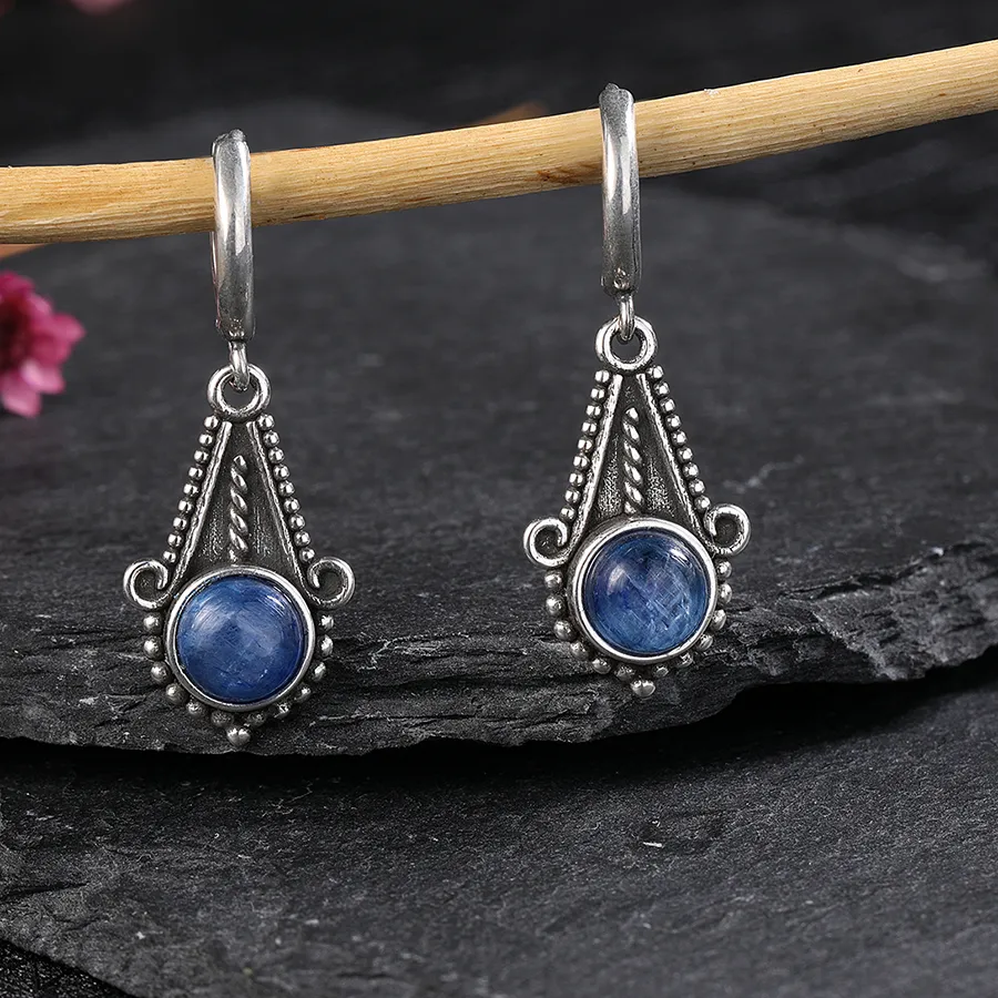 Authentic Elegant Natural Kyanite 925 Silver Drop Earrings for Women Vintage Jewelry Wedding Engagement Hoop Earrings Gifts