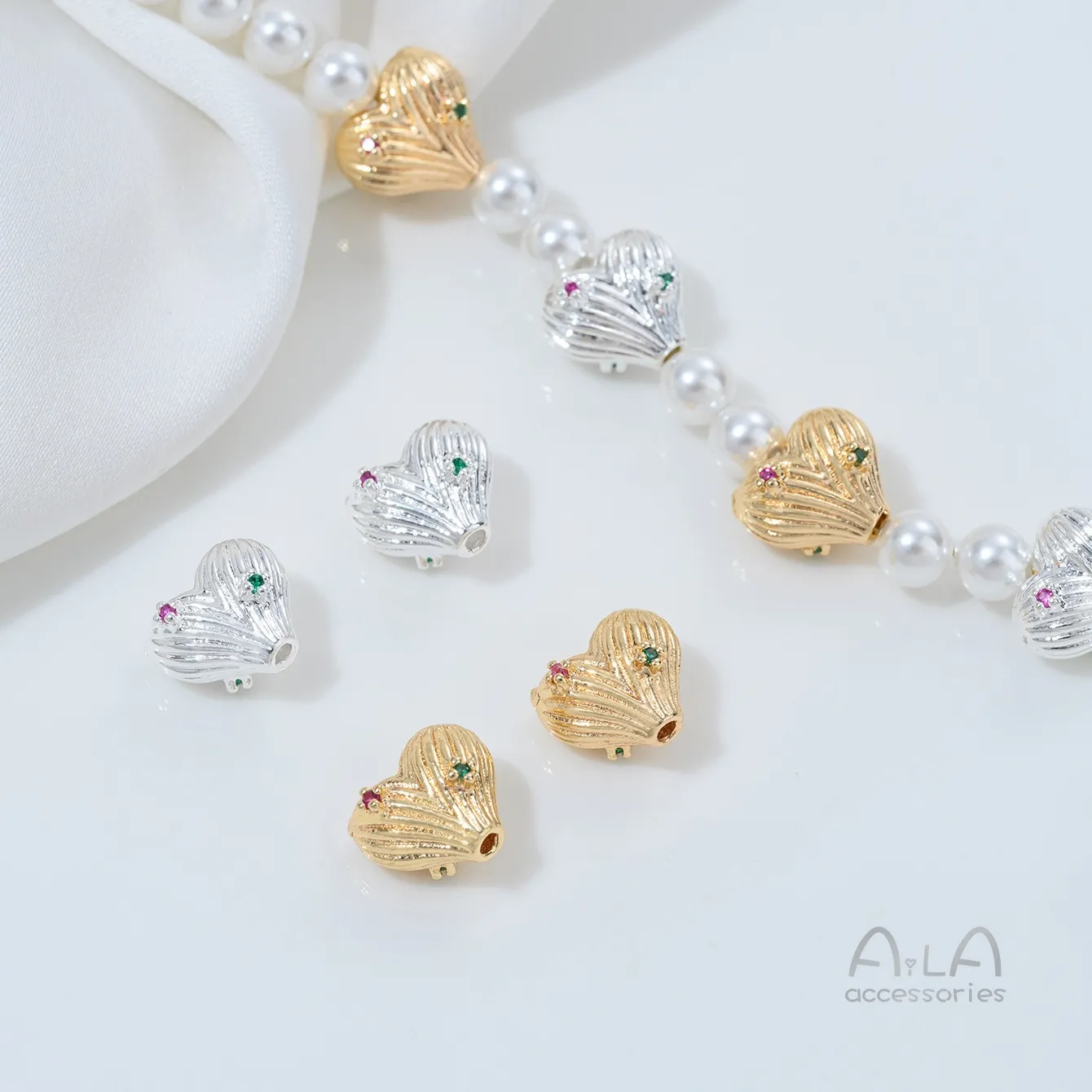 Authentic Silver-plated 14K Gold Color Zircon-inlaid Love Bead-separated Striped Peach Heart Beaded DIY Jewelry Accessories Material