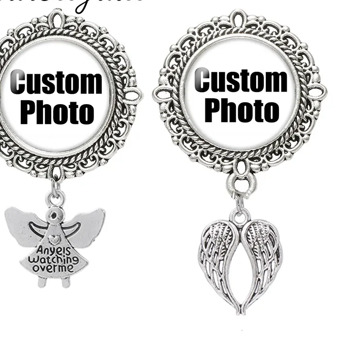 Authentic Personalize Custom Lace Round Brooch Pin Angel Wings Hearts Love Charms Photo Wedding Family Anniversary Grandma Collar Badge
