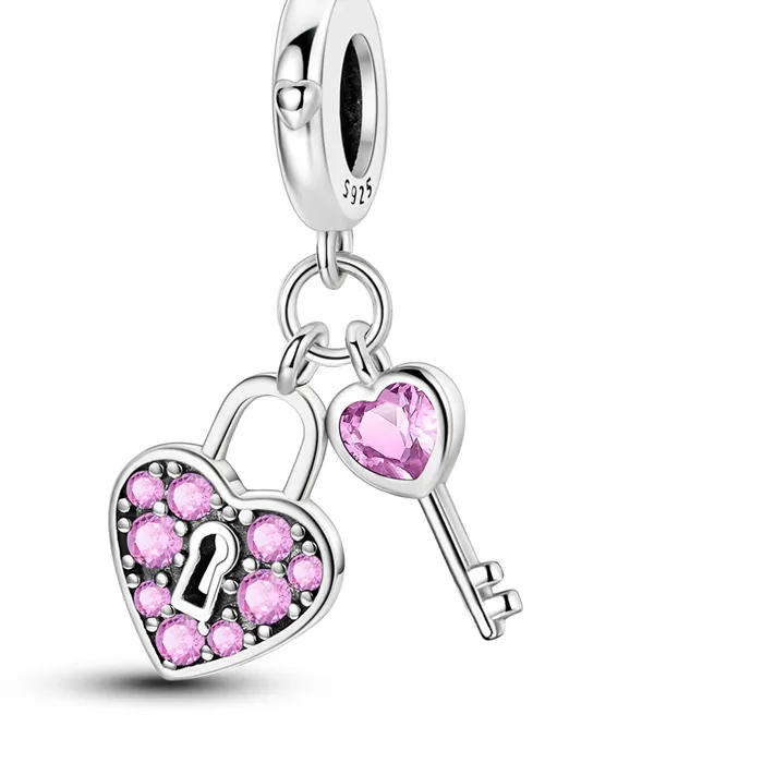 Authentic Hot 925 Sterling Silver Pink Key And Lock Charms Pendant Fit Original Bracelet DIY Women Anniversary Jewelry