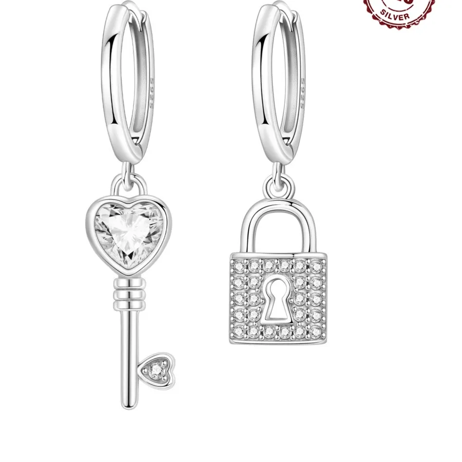 Authentic Panpoki 925 Sterling Silver Asymmetric Design Earring Key Lock Earrings Drop Earrings Jewelry