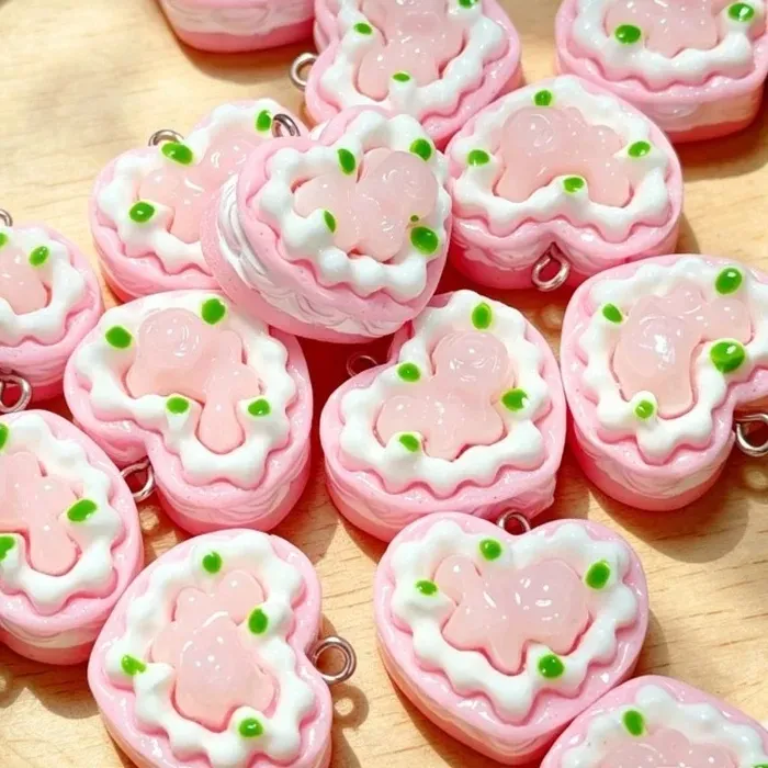 Authentic 10Pcs Kawaii 3D Pink Heart Rose Flower Cake Resin Charms Mini Sweet Food Pendants DIY Earrings Keychains Jewelry Supplies