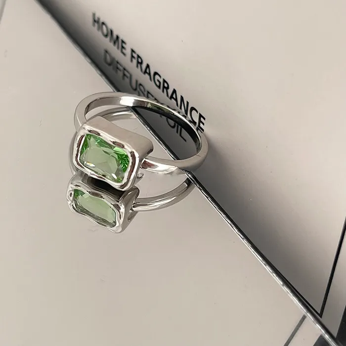 Authentic 925 Sterling Silve Green Crystal Geometry Ring Square Retro Sweet Jewelry Birthday