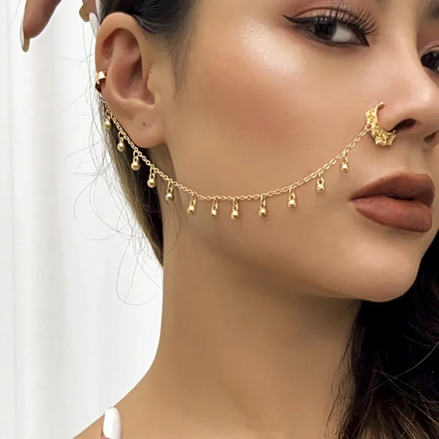 Authentic Piercing Jewelry Women Personality Imitation Pearl Butterfly Tassel Chain Temperament Sweet Nose Clip