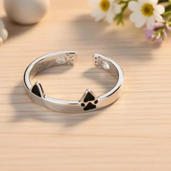 Authentic Cute Sweet 925 Sterling Silver Cat Footprints Shape Open Adjustable Rings For Women Girls Wedding Party Jewelry Gifts