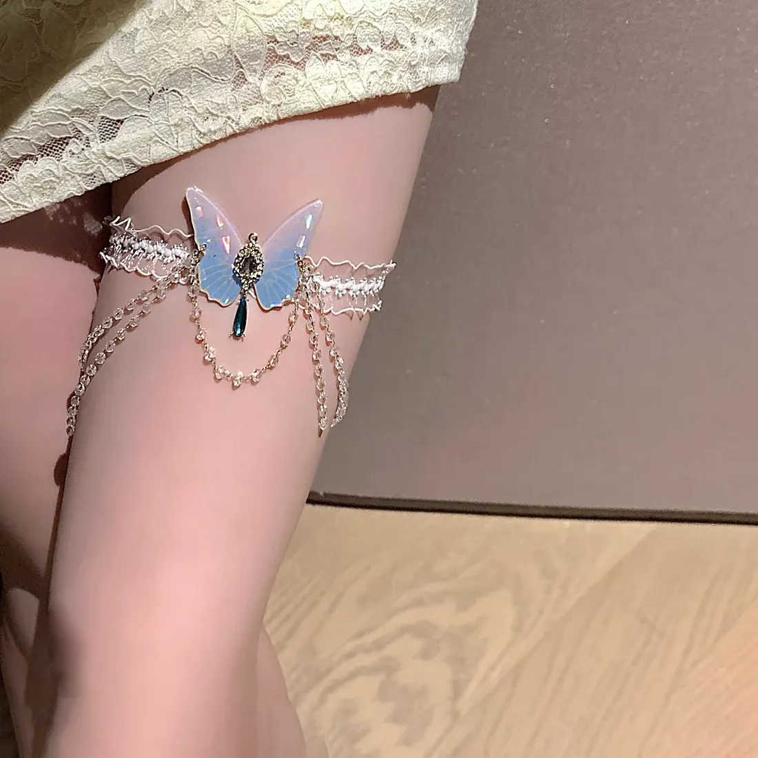 Authentic Fashionable Butterfly Pattern Elastic Lace Leg Chain Sweet Girl Party Women's Body Chain Jewelry