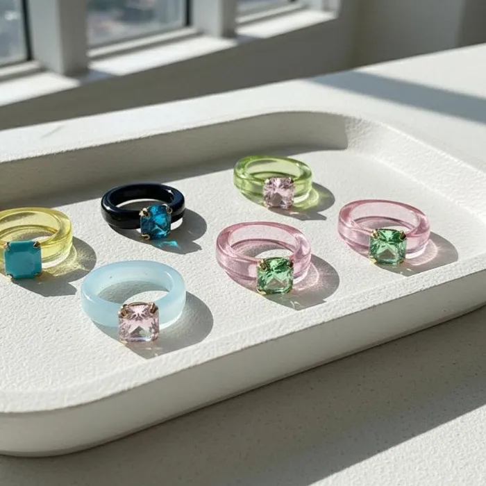 Authentic Simple Inlaid Colorful Zircon Resin Ring Women Sweet Cute Birthday Party Jewelry