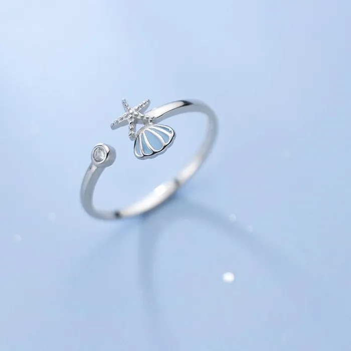 Authentic Tide Whispers Starfish and Shell Astral Silver Ring