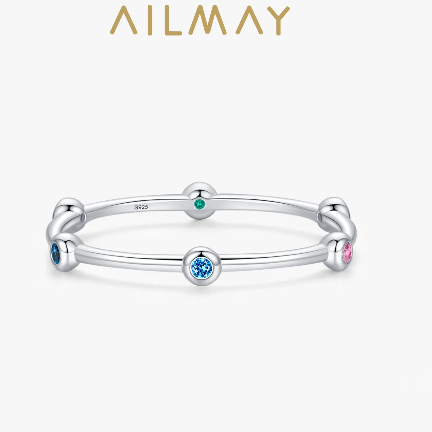 Authentic Ailmay Solid 925 Sterling Silver Platinum Plated Bands Dazzling Rainbow CZ Stackable Thin Rings For Women Wedding Jewelry